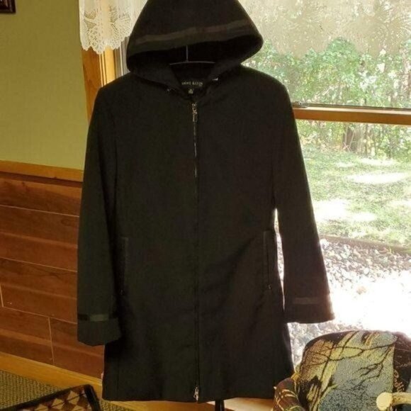 Anne Klein Embellished Black Lined Hooded Sz. M Coat - Picture 1 of 16